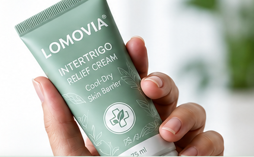 Hand holding Lomovia Intertrigo Relief Cream in green botanical packaging
