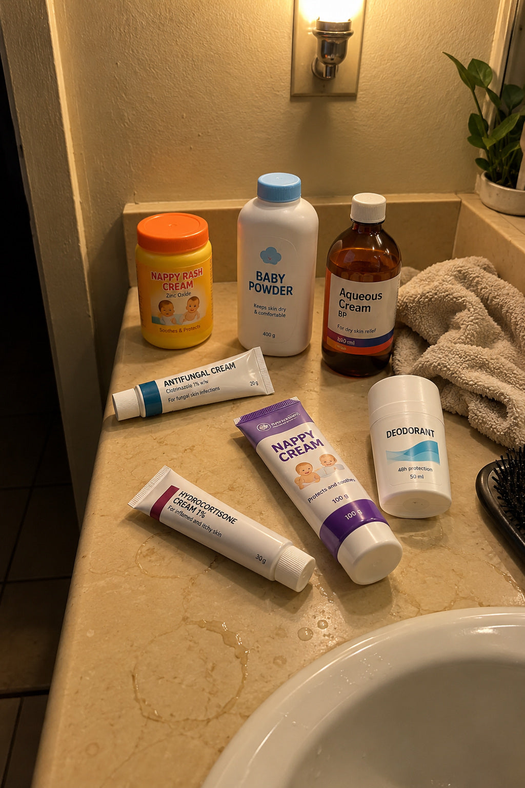 Bathroom counter with familiar South African pharmacy product types: nappy cream, baby powder, antifungal and skin creams