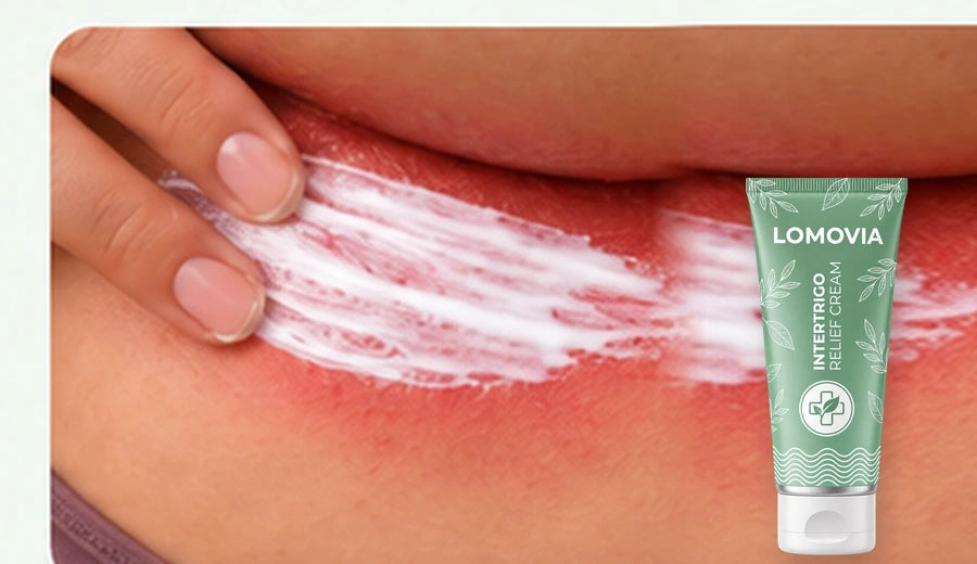 Illustrative demonstration of applying a thin layer beside a Lomovia-branded cream tube
