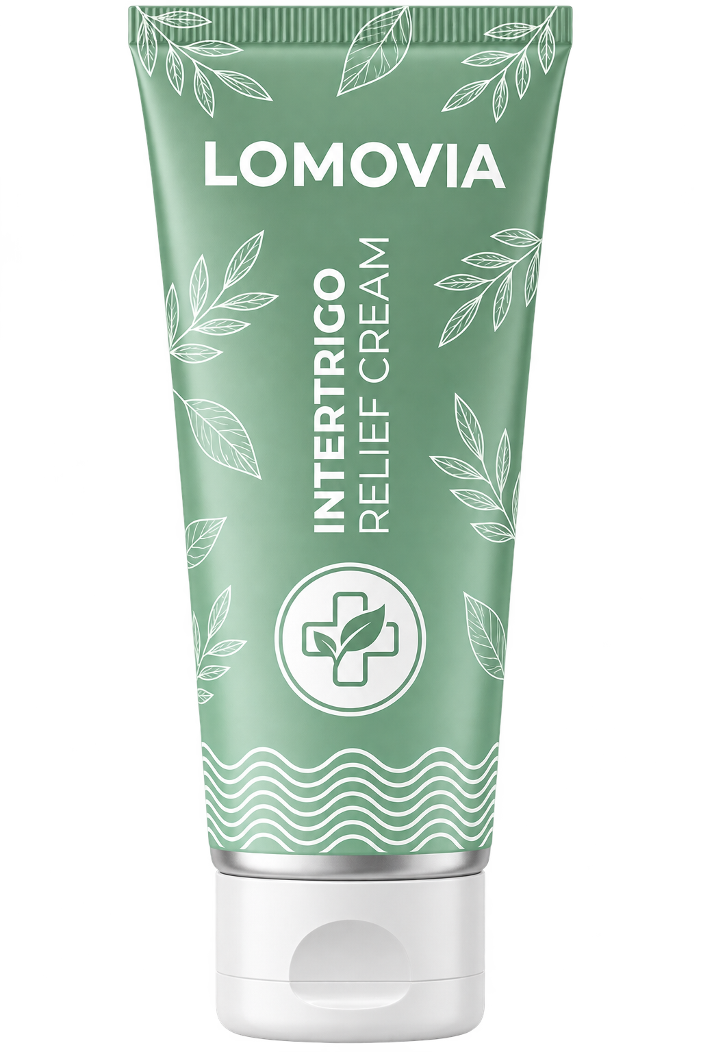 Lomovia Intertrigo Relief Cream green tube with white botanical packaging