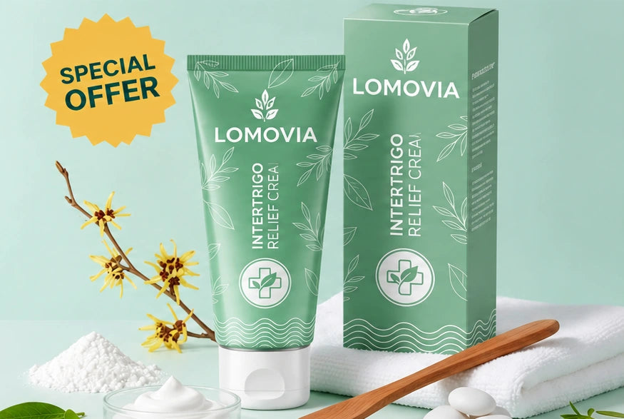 Lomovia Intertrigo Relief Cream tube and branded box with botanical ingredients
