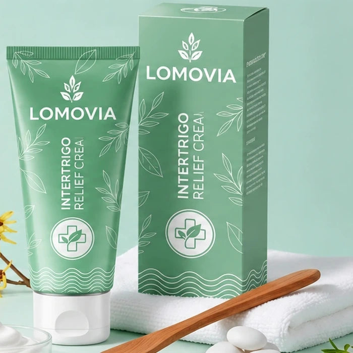 Lomovia Intertrigo Relief Cream tube and matching packaging, illustrative product photo