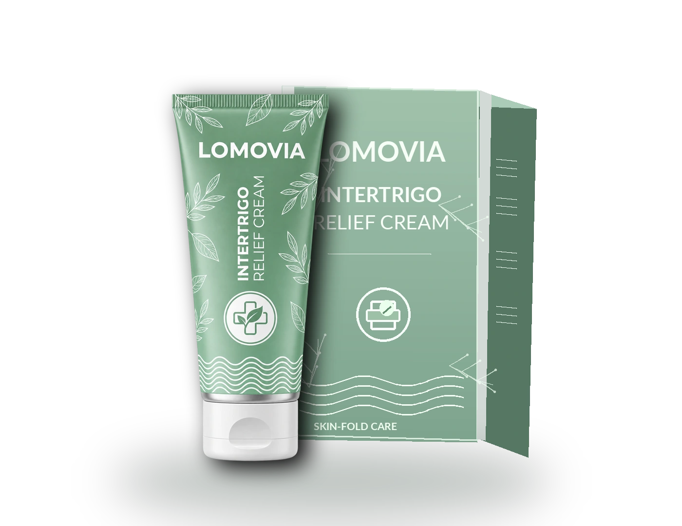 Lomovia Intertrigo Relief Cream sage-green tube with matching Lomovia carton
